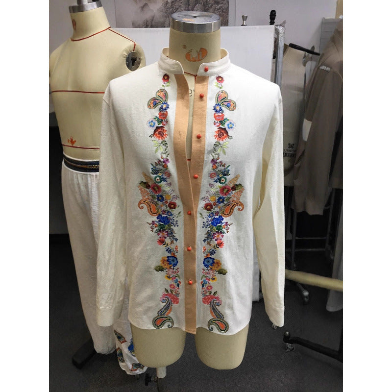 Retro Men's Casual Tops Open Collar Embroidered Shirt