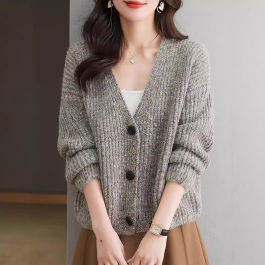Colorized Sweater V-neck Knitted Jacket Women's Single-breasted Loose
