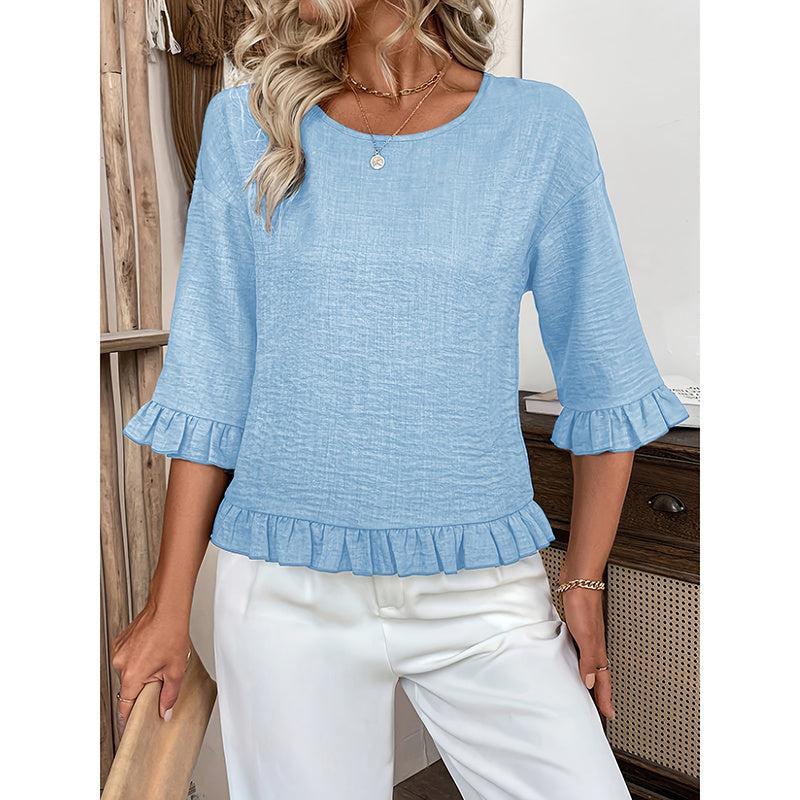Womens 3 4 Length Sleeve Tops Loose Fit Casual Crew Neck Shirts Ruffle Tunic Blouses