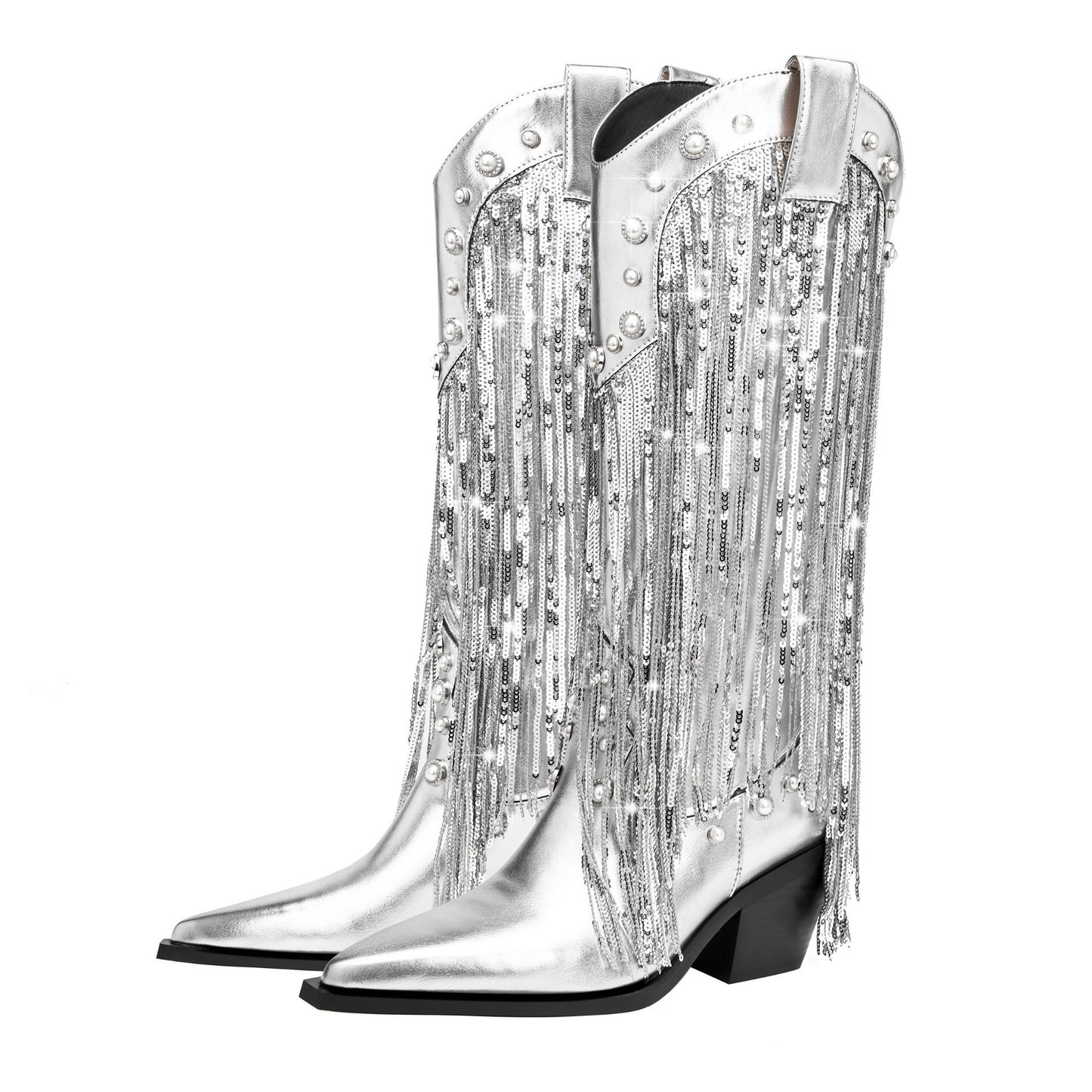 Sequin Tassel Pointed Sleeve High Leg Boot