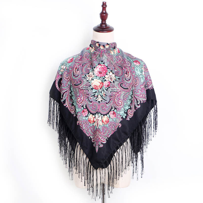 Women's Fringed Cotton And Linen Printed Square Scarf