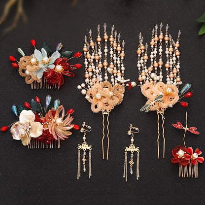 Classical Red Flower Liquid Ancient Style Headdress Fringed Hair Crown Bridal Hair Accessories