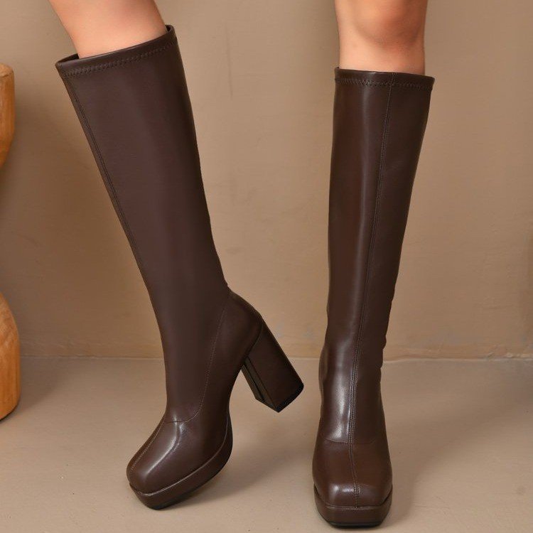 High Heel Small Chunky Heel Stretch Slimming Below The Knee Boots