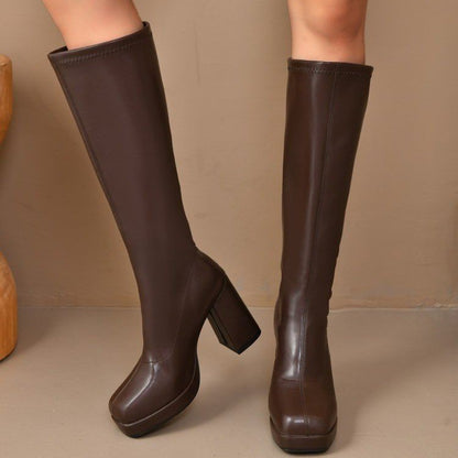 High Heel Small Chunky Heel Stretch Slimming Below The Knee Boots
