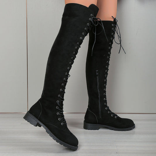 European And American Lace-up Over The Knee Boots Round Head