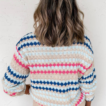 Women's Loose Contrast Color Striped Round Neck Pullover Sweater