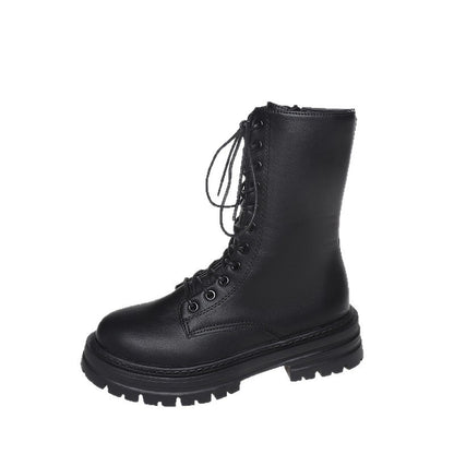 Autumn And Winter New Round Head Lace-up British Style Thick Bottom Mid-calf Martin Boots Women