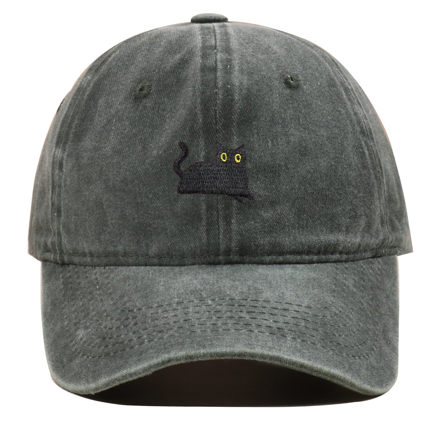 Black Cat Embroidered Washed Baseball Cap Sun Hat