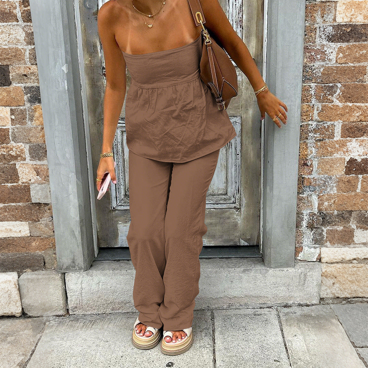 Women's Casual Tube Top Straight-leg Trousers Suit