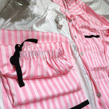 Striped Pajamas Women Autumn And Winter Sexy Pajamas Set Satin Home Silk Cardigan Long Sleeves