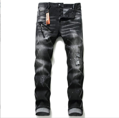 Black And Gray Paint Hole Zipper Decorations Personality Jeans Men