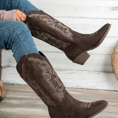 Pointed Toe Western Cowboy Boot Women's Large Size Embroidered Thick Boots