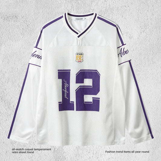 Digital Printed Long-sleeved T-shirt Jersey Contrast Color V-neck Top