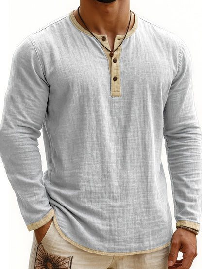 Digital Printing Two-tone Henley Shirt 3-button Men's Casual Long Sleeve