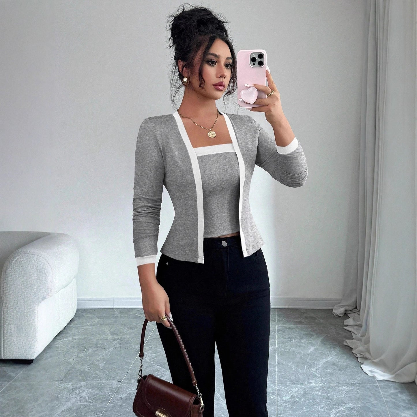 Cardigan Jacket And Vest Two-piece Set Tops