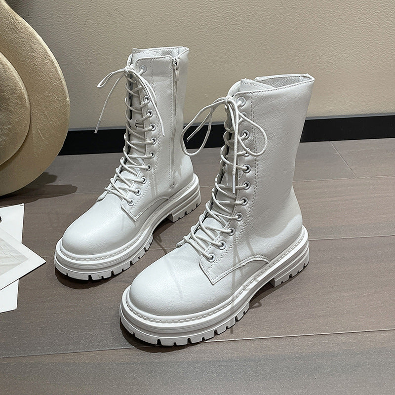 Autumn And Winter New Round Head Lace-up British Style Thick Bottom Mid-calf Martin Boots Women