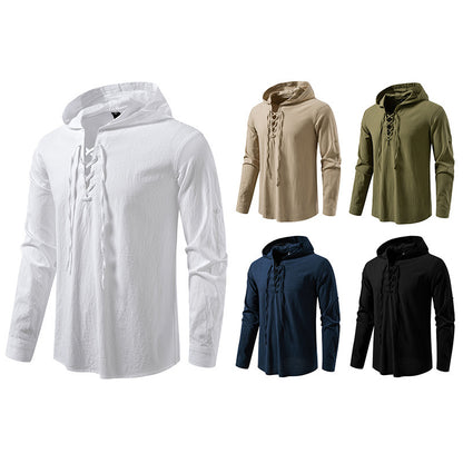 New Medieval Pirate Drawstring Men's Cotton Linen Long Sleeve