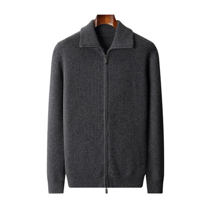 New Pure Wool Zipper Cardigan Fall Winter Men Lapel Shirt Coat
