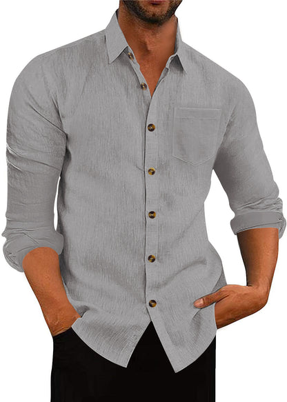 Men's Polo Collar Solid Color Long Sleeve Shirt Linen Loose Casual Cardigan