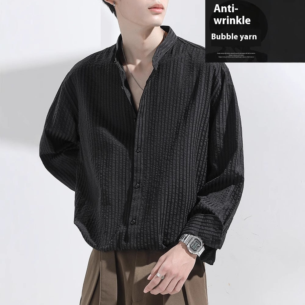 Anti-Wrinkle Seersucker Men's Black Texture Long Sleeve Casual Shirt