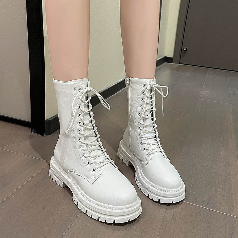 Autumn And Winter New Round Head Lace-up British Style Thick Bottom Mid-calf Martin Boots Women
