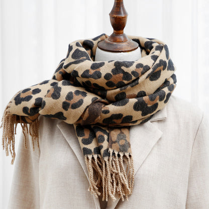 Double-sided Leopard Print Scarf With Thick Tassels  Cashmere To Keep Warm