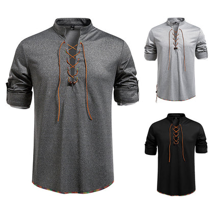 Drawstring Design Men's Stand-up Collar Long Sleeve T-shirt
