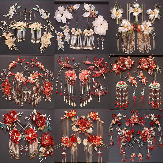 Classical Red Flower Liquid Ancient Style Headdress Fringed Hair Crown Bridal Hair Accessories