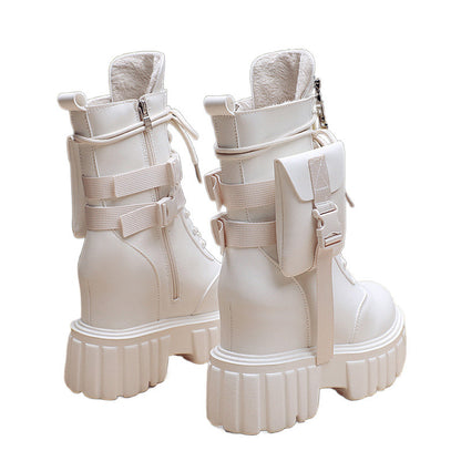 Platform Shoes Female Autumn And Winter Cotton Padded Height Increasing Insole Mid-calf Martin Boots