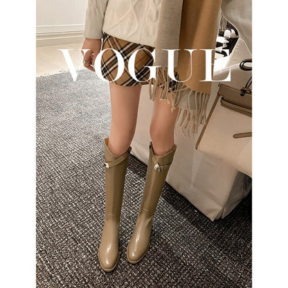 First Layer Cowhide Lock Knight Boots Big Tube Circumference Genuine Leather Below The Knee High Boots