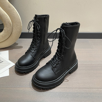 Autumn And Winter New Round Head Lace-up British Style Thick Bottom Mid-calf Martin Boots Women
