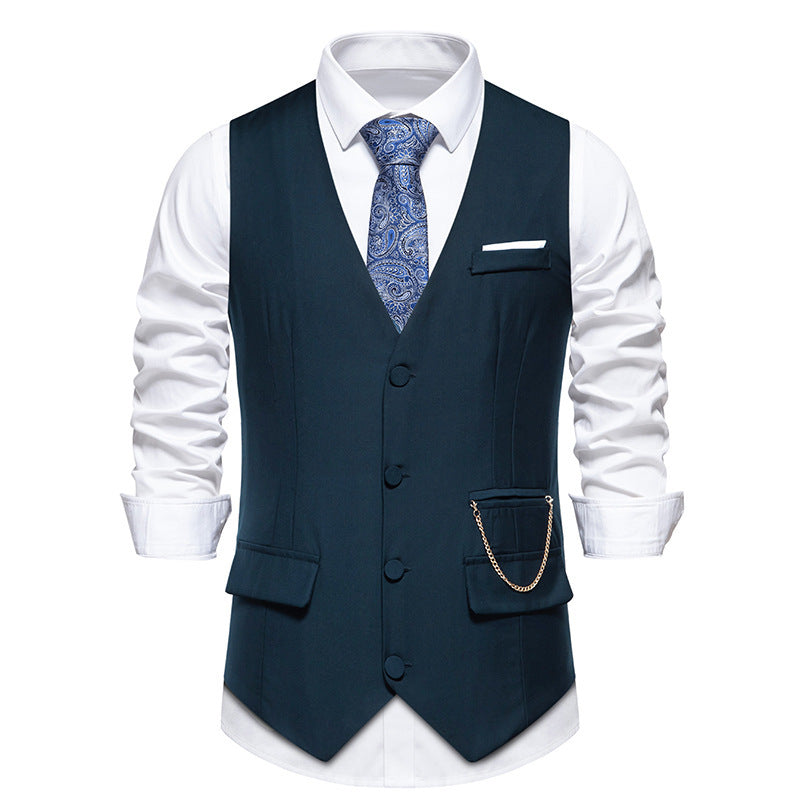 New Men's Solid Color Suit V-neck Single Breasted Chain Vest