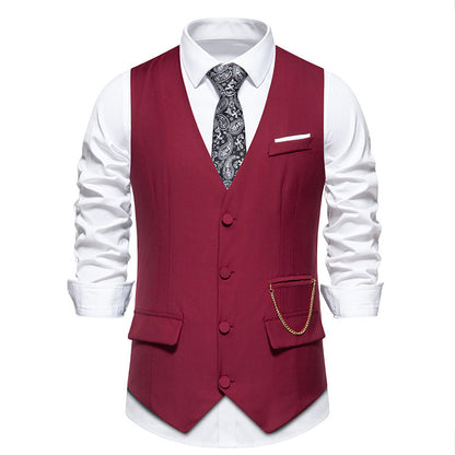 New Men's Solid Color Suit V-neck Single Breasted Chain Vest