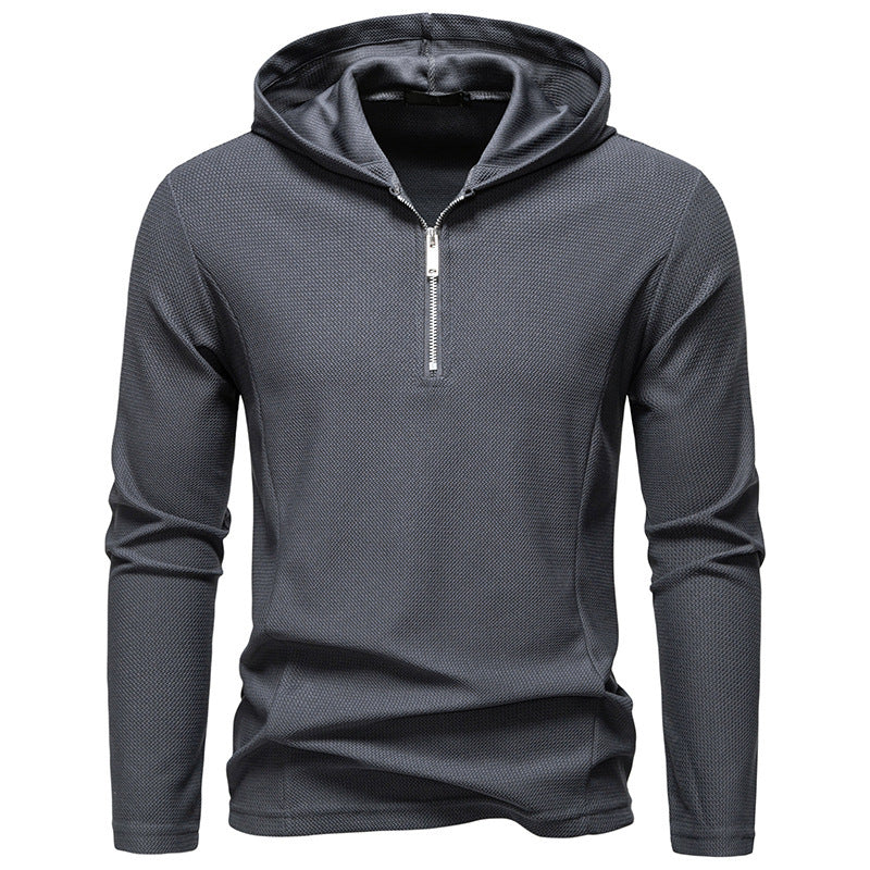 Half Zipper Design Casual Long Sleeve Solid Color Hooded T-shirt