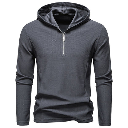 Half Zipper Design Casual Long Sleeve Solid Color Hooded T-shirt