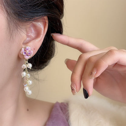 Romantic Gentle French Pearl Tassel Flowers Earrings