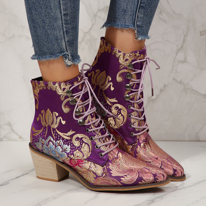 Large Size Ethnic Style Embroidered High Heel Lace-up Ankle Boots