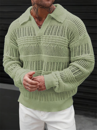 Men's Solid Color V-neck Street-like Lapel Hollow Knitwear