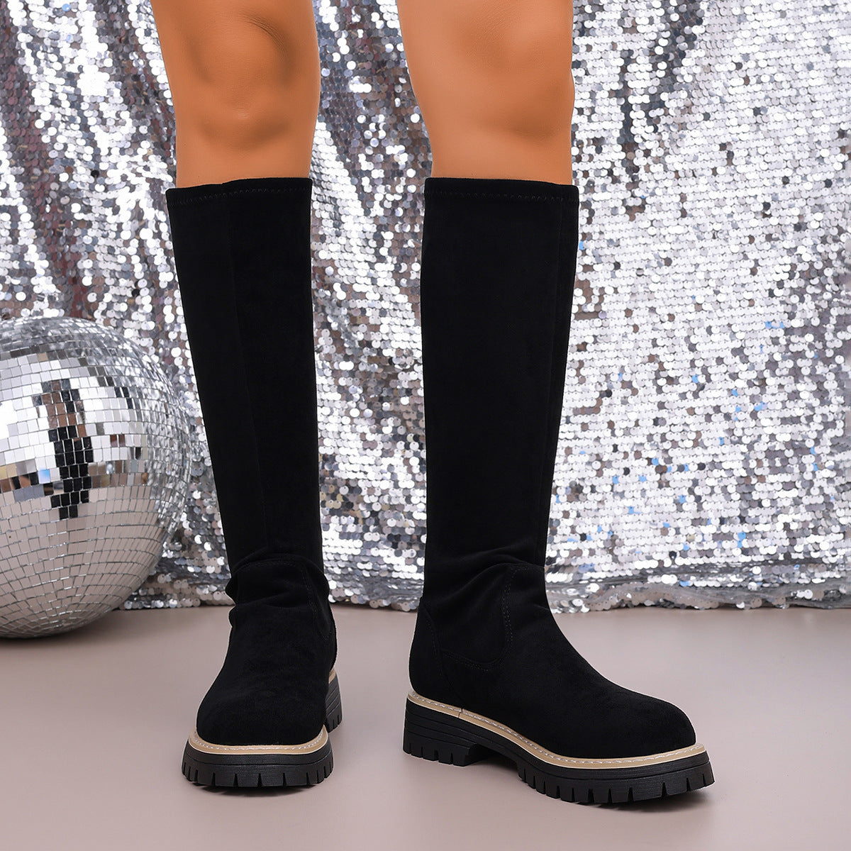 Large Size Round Toe Platform Below The Knee Boots