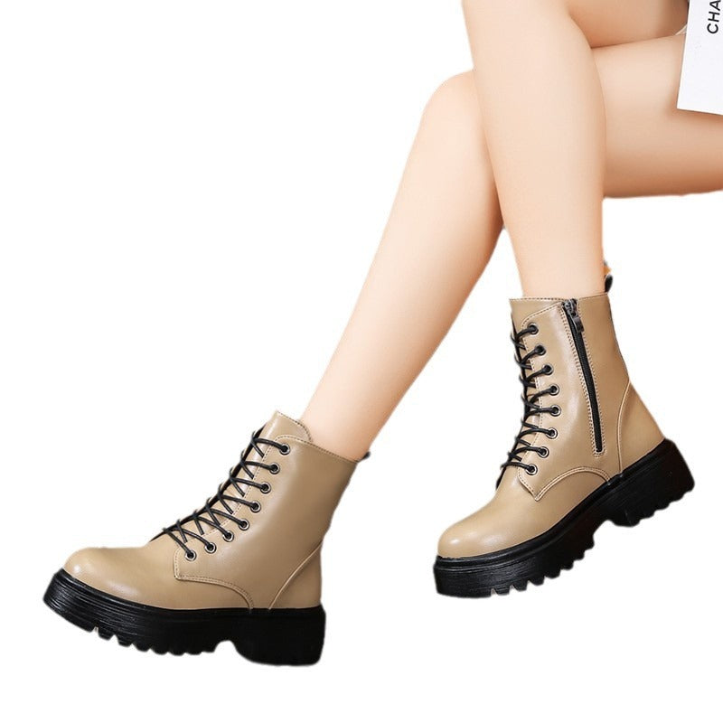 British Style Boots With Chunky Heels Women's Platform Lace-up