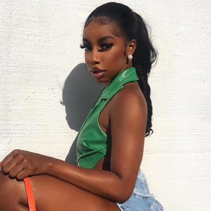 Halter Leather Lace-up Vest With Polo Neck