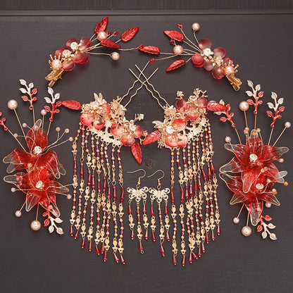 Classical Red Flower Liquid Ancient Style Headdress Fringed Hair Crown Bridal Hair Accessories
