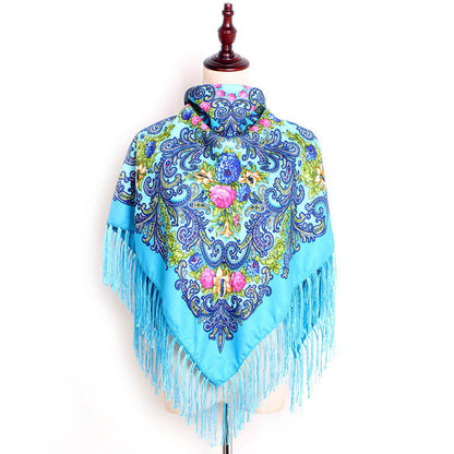 Women's Fringed Cotton And Linen Printed Square Scarf