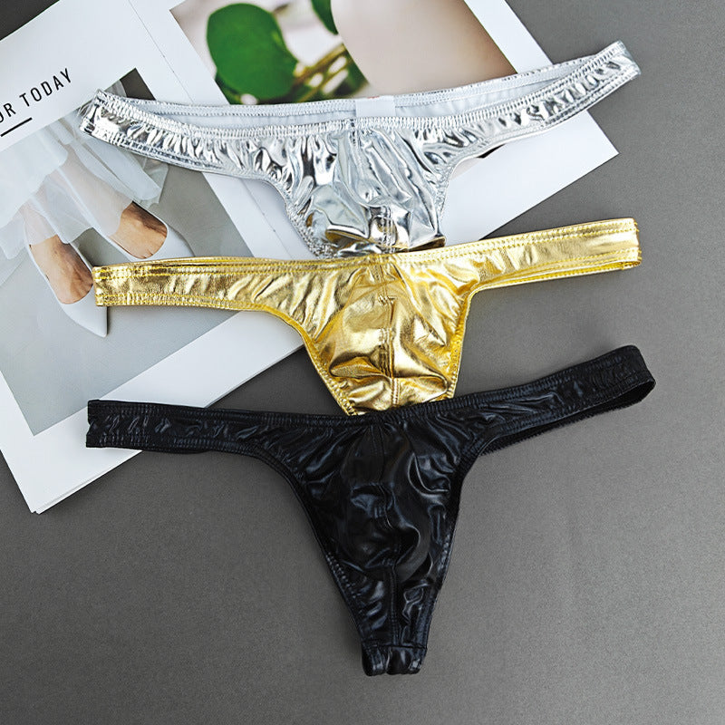 Sexy Men's Underwear Solid Color Bright T-back Imitation Leather