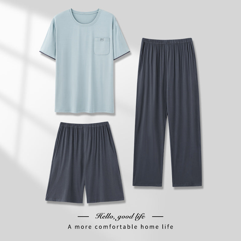 Men's Pajamas Thin Spring And Summer Modal Short-sleeved Trousers Three-piece Home Wear Suit