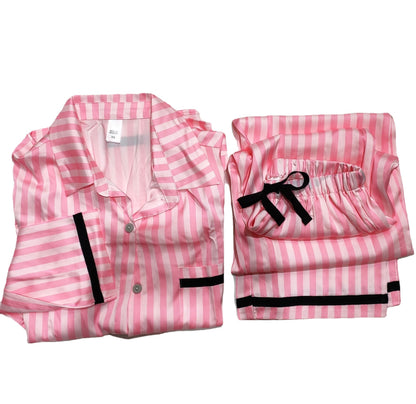 Striped Pajamas Women Autumn And Winter Sexy Pajamas Set Satin Home Silk Cardigan Long Sleeves