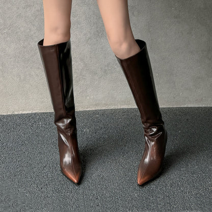 Temperament Pointed Cowhide Wedge Large Boots