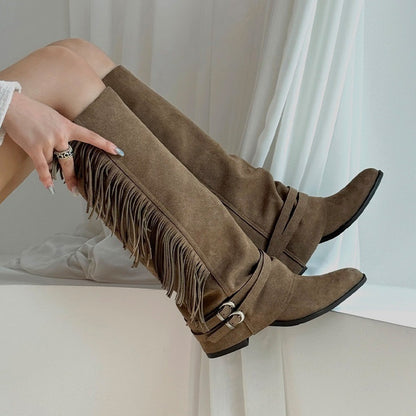 Women's Belt Buckle Long Vintage Tassel Western Cowboy Boot