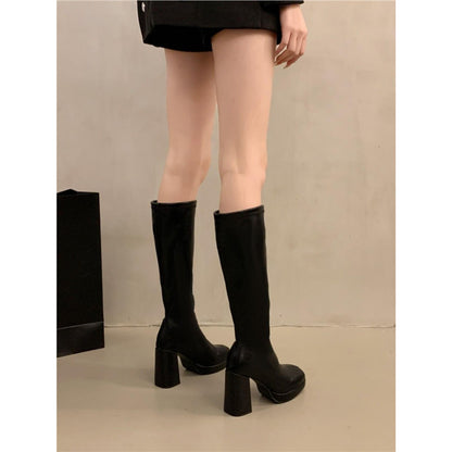 High Heel Small Chunky Heel Stretch Slimming Below The Knee Boots
