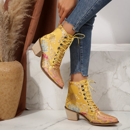 Large Size Ethnic Style Embroidered High Heel Lace-up Ankle Boots